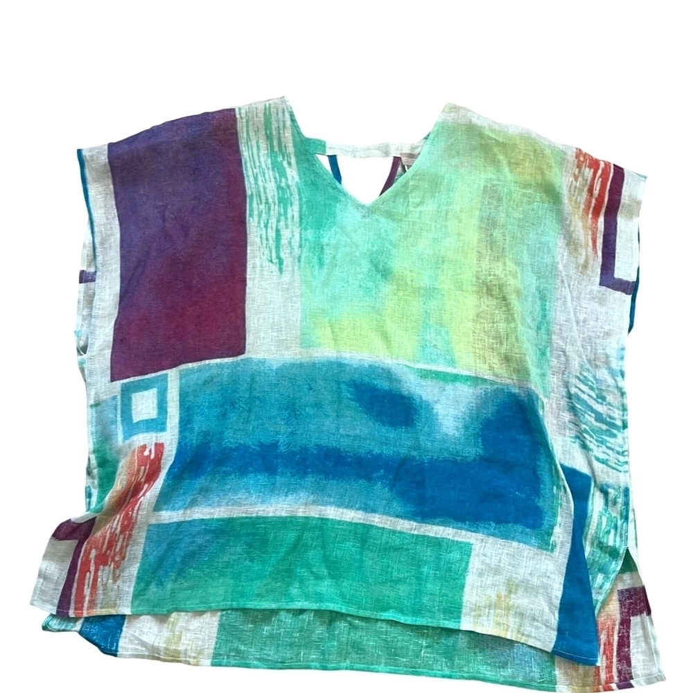 Chico's Linen V-Neck Top in Aqua, Teal, Coral & Purple Stripes - Picture 6 of 10